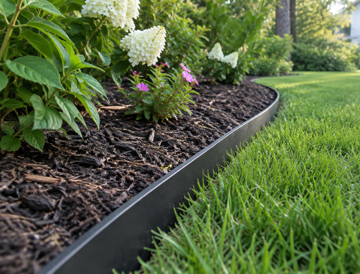 Black steel lawn edging separating a mulched flower bed from a green lawn